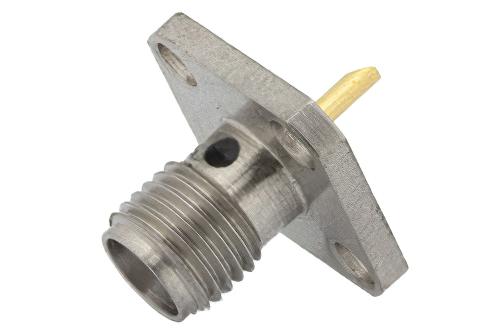 SMA メス コネクタ、はんだ接続、4ホールパネルマウント、ソルダーカップターミナル、.340インチ穴間隔