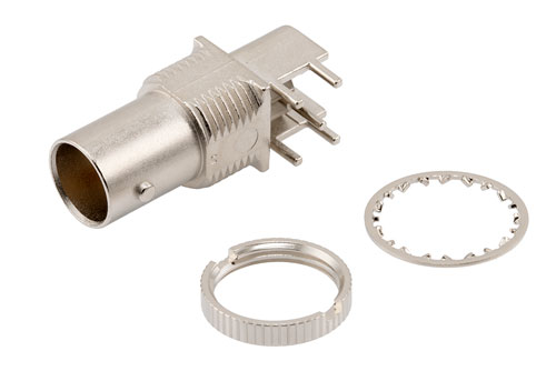 12G SDI 75 Ω BNC メス 直角 バルクヘッドマウント コネクタ, はんだ接続, スルーホール PCB