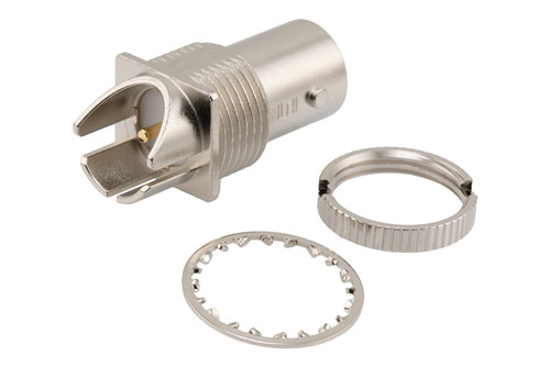 12G SDI 75 Ω BNC メス バルクヘッドマウント コネクタ, はんだ接続, 0.062" PCB