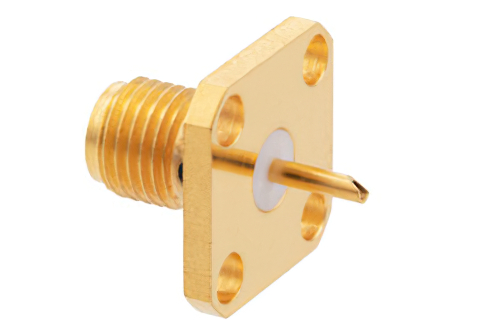 SMA メス コネクタ、はんだ接続、4ホールパネルマウント、ソルダーカップターミナル、.340インチ穴間隔