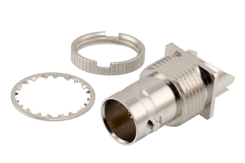 12G SDI 75 Ω BNC メス バルクヘッドマウント コネクタ, はんだ接続, 0.062" PCB