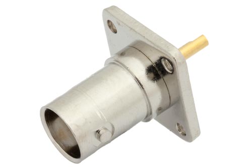 BNC メス コネクタ、はんだ接続、4ホールパネルマウント、ソルダーカップターミナル、.500インチネジ穴間隔