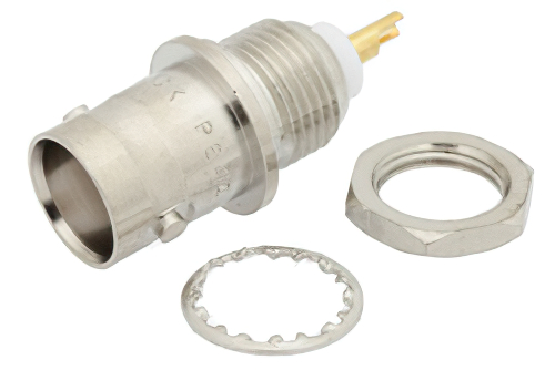 BNC メス バルクヘッドマウントコネクタ、はんだ接続、ソルダーカップターミナル、.410インチD穴