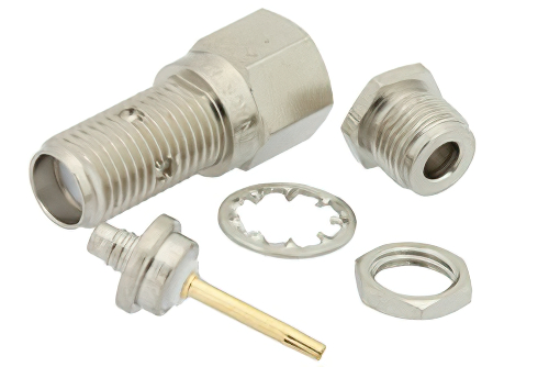 SMA メス バルクヘッドマウントコネクタ、クランプ/はんだ接続、RG316、RG174、RG188、PE-B100、PE-C100、.100インチ、LMR-100、.235インチD穴