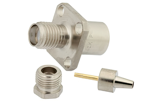 SMA メス コネクタ、クランプ/はんだ接続、4ホールパネルマウント、.100インチ、RG316、RG174、RG188、LMR-100、LMR-100A、LMR-100A-FR、PE-C100、PE-B100、.340インチ穴間隔