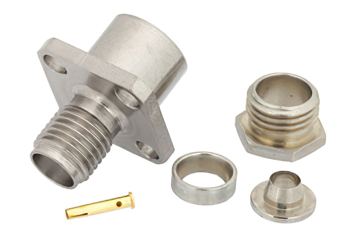 SMA メス コネクタ、クランプ/はんだ接続、4ホールパネルマウント、RG58、RG55、RG141、RG142、RG223、RG400、.340インチ穴間隔