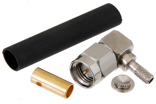 SMA オス 直角コネクタ、はんだ接続、RG316、RG174、RG188、LMR-100、PE-B100、PE-C100、.100インチ