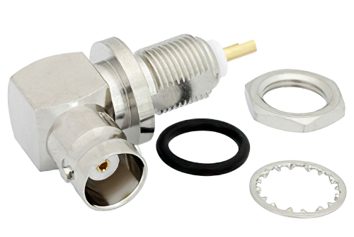 BNC メス 直角バルクヘッドマウントコネクタ、はんだ接続、ソルダーカップターミナル、.361インチD穴