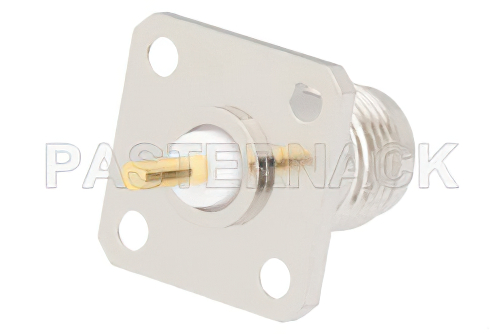 TNC メス コネクタ、はんだ接続、4ホールパネルマウント、ソルダーカップターミナル、.500インチネジ穴間隔