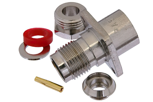 TNC メス コネクタ、クランプ/はんだ接続、4ホールパネルマウント、RG58、RG142、RG223、RG400、RG141、RG303、RG55、LMR-400、PE-C195、PE-P195、.500インチネジ穴間隔