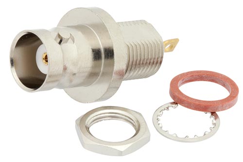 BNC メス バルクヘッドマウント気密シールコネクタ、はんだ接続、U字ターミナル、.350インチD穴