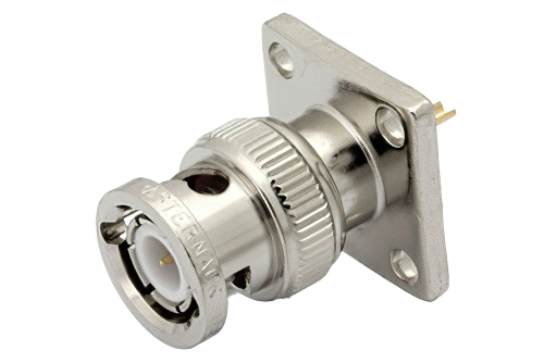 BNC オス コネクタ、はんだ接続、4ホールパネルマウント、ソルダーカップターミナル、.531インチ穴間隔