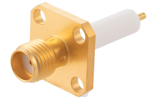 SMA メス コネクタ、はんだ接続、4ホールパネルマウント、スタブターミナル、.340インチ穴間隔