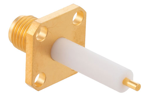 SMA メス コネクタ、はんだ接続、4ホールパネルマウント、スタブターミナル、.340インチ穴間隔