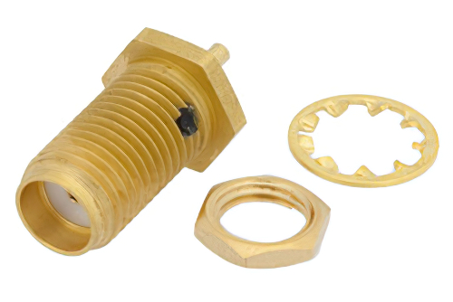 SMA メス バルクヘッドマウントコネクタ、はんだ接続、ソルダーカップターミナル、.235インチD穴、リアマウント