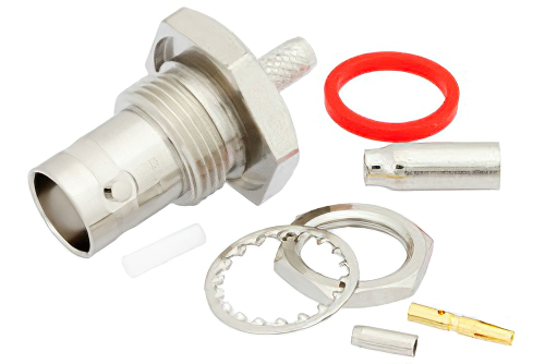 BNC メス バルクヘッドマウントコネクタ、圧着/はんだ接続、RG174、RG316、RG188、LMR-100、PE-B100、PE-C100、.100インチ、.480インチD穴