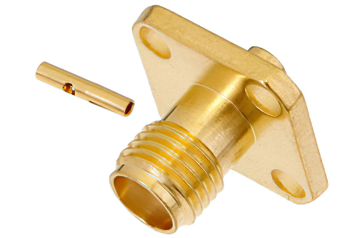 SMA メス コネクタ、はんだ接続、4ホールパネルマウント、PE-SR405AL、PE-SR405FL、RG405、.340インチ穴間隔