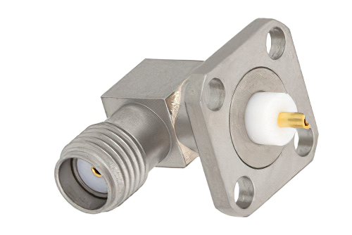 SMA メス 直角コネクタ、はんだ接続、4ホールパネルマウント、ソルダーカップターミナル、.340インチ穴間隔