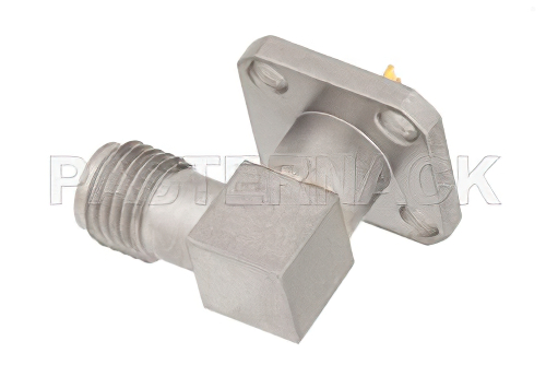 SMA メス 直角コネクタ、はんだ接続、4ホールパネルマウント、ソルダーカップターミナル、.340インチ穴間隔