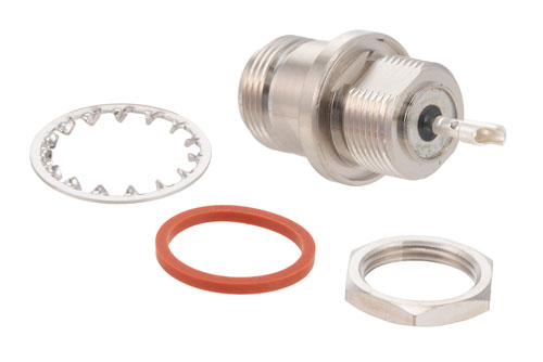 N メス バルクヘッドマウント加圧コネクタ、はんだ接続、ソルダーカップターミナル、.640インチDD穴