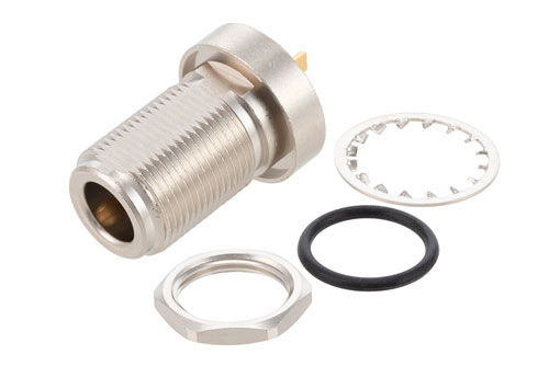 N メス バルクヘッドマウントコネクタ、はんだ接続、ピンターミナル、.640インチDD穴