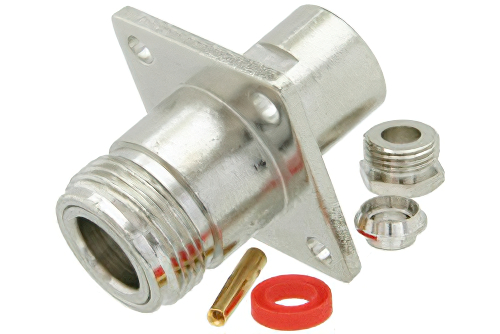 N メス コネクタ、クランプ/はんだ接続、4ホールパネルマウント、RG58、RG142、RG223、RG400、RG141、RG303、RG55、LMR-400、PE-C195、PE-P195、.718インチ穴間隔