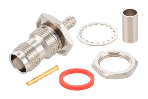 TNC メス バルクヘッドマウントコネクタ、圧着/はんだ接続、RG58、RG303、RG141、PE-C195、PE-P195、LMR-195、.195インチ、.480インチD穴