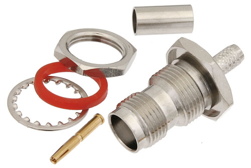 TNC メス バルクヘッドマウントコネクタ、圧着/はんだ接続、RG55、RG141、RG142、RG223、RG400、.480インチD穴