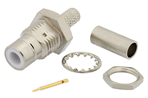 75 Ω SMB ジャック バルクヘッドマウントコネクタ、圧着/はんだ接続、RG180、RG195、.285インチD穴