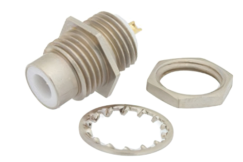 75 Ω SMC ジャック バルクヘッドマウントコネクタ、はんだ接続、ソルダーカップターミナル、.295インチD穴、フロントマウント