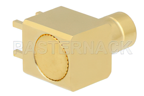 75 Ω SMB ジャック 直角コネクタ、はんだ接続、スルーホールPCB、.200インチx.067インチ穴間隔