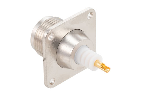 HN メス コネクタ、はんだ接続、4ホールパネルマウント、ソルダーカップターミナル、.906インチ穴間隔