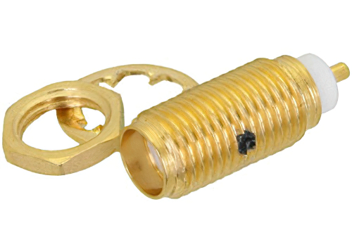 SMA メス バルクヘッドマウントコネクタ、はんだ接続、スタブターミナル、.250インチ直径