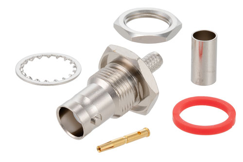 BNC メス バルクヘッドマウントコネクタ、圧着/はんだ接続、RG58、.480インチD穴