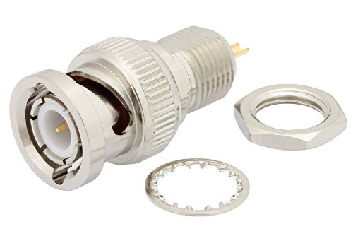 BNC オス バルクヘッドマウントコネクタ、はんだ接続、ソルダーカップターミナル、.350インチD穴