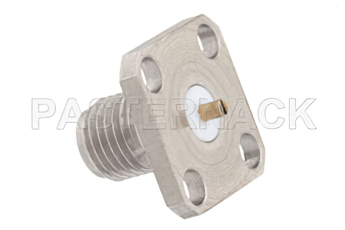 SMA メス コネクタ、はんだ接続、4ホールパネルマウント、ピンターミナル、.340インチ穴間隔