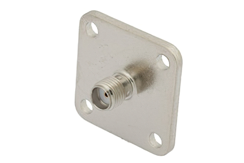 SMA メス コネクタ、はんだ接続、4ホールパネルマウント、ソルダーカップターミナル、.718インチ穴間隔