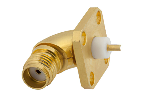 SMA メス 曲げ直角コネクタ、はんだ接続、4ホールパネルマウント、ソルダーカップターミナル、.340インチ穴間隔