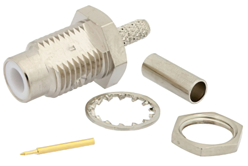 75 Ω SMC ジャック バルクヘッドマウントコネクタ、圧着/はんだ接続、RG179、RG187、.285インチD穴