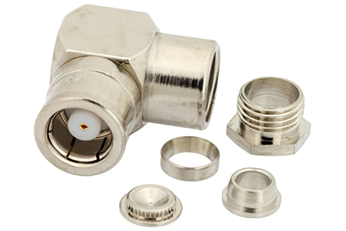 75 Ω SMB プラグ 直角コネクタ、クランプ/はんだ接続、RG59、RG62