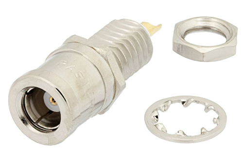 SMB プラグ バルクヘッドマウントコネクタ、はんだ接続、ソルダーカップターミナル、.177インチD穴