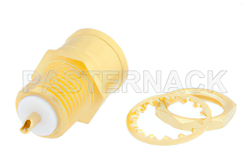 75 Ω SMB プラグ バルクヘッドマウントコネクタ、はんだ接続、ソルダーカップターミナル、.295インチD穴