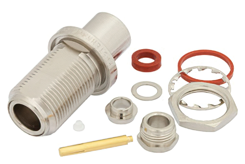 N メス バルクヘッドマウントコネクタ、クランプ/はんだ接続、RG59、RG62、.640インチDD穴