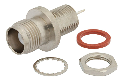 TNC メス バルクヘッドマウント気密シールコネクタ、はんだ接続、アイレットターミナル、.350インチD穴