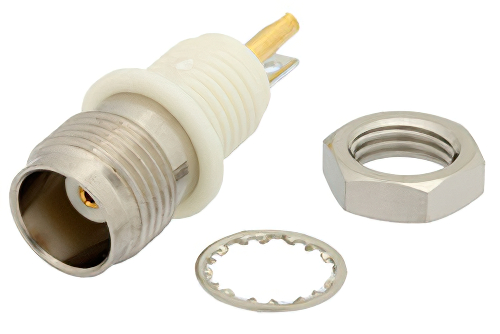 TNC メス バルクヘッドマウント絶縁グラウンドコネクタ、はんだ接続、ソルダーカップターミナル、.350インチD穴