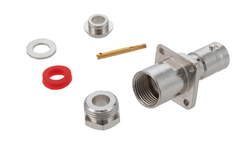 MHV メス コネクタ、クランプ/はんだ接続、4ホールパネルマウント、RG58、RG142、RG223、RG400、RG141、RG303、RG55、LMR-400、PE-C195、PE-P195、.500インチネジ穴間隔