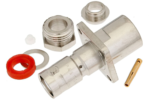 MHV メス コネクタ、クランプ/はんだ接続、4ホールパネルマウント、RG59、RG62、RG71、.500インチネジ穴間隔