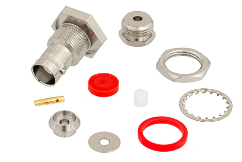 BNC メス バルクヘッドマウントコネクタ、クランプ/はんだ接続、RG174、RG316、RG188、.480インチD穴