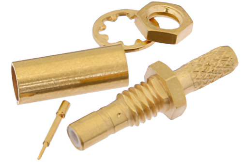 SSMB ジャック バルクヘッドマウントコネクタ、圧着/はんだ接続、.100インチ、RG316、RG174、RG188、LMR-100、LMR-100A、LMR-100A-FR、PE-C100、PE-B100、.126インチD穴