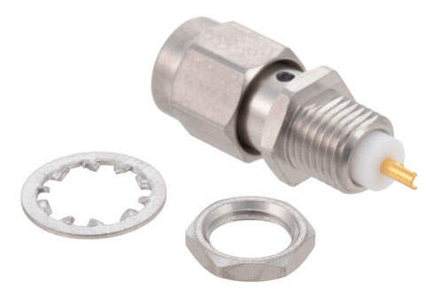 SMA オス バルクヘッドマウントコネクタ、はんだ接続、ソルダーカップターミナル、.235インチD穴